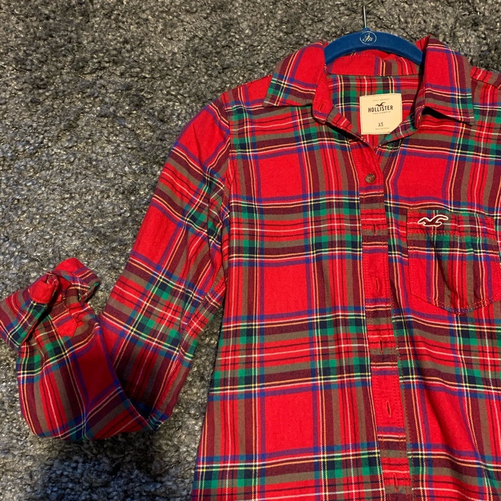 Red plaid stripe button down pocket shirt
